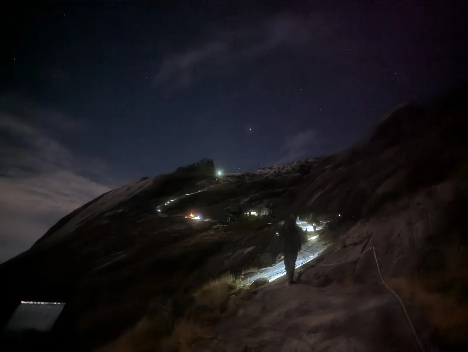 A line of headlamps and the stars